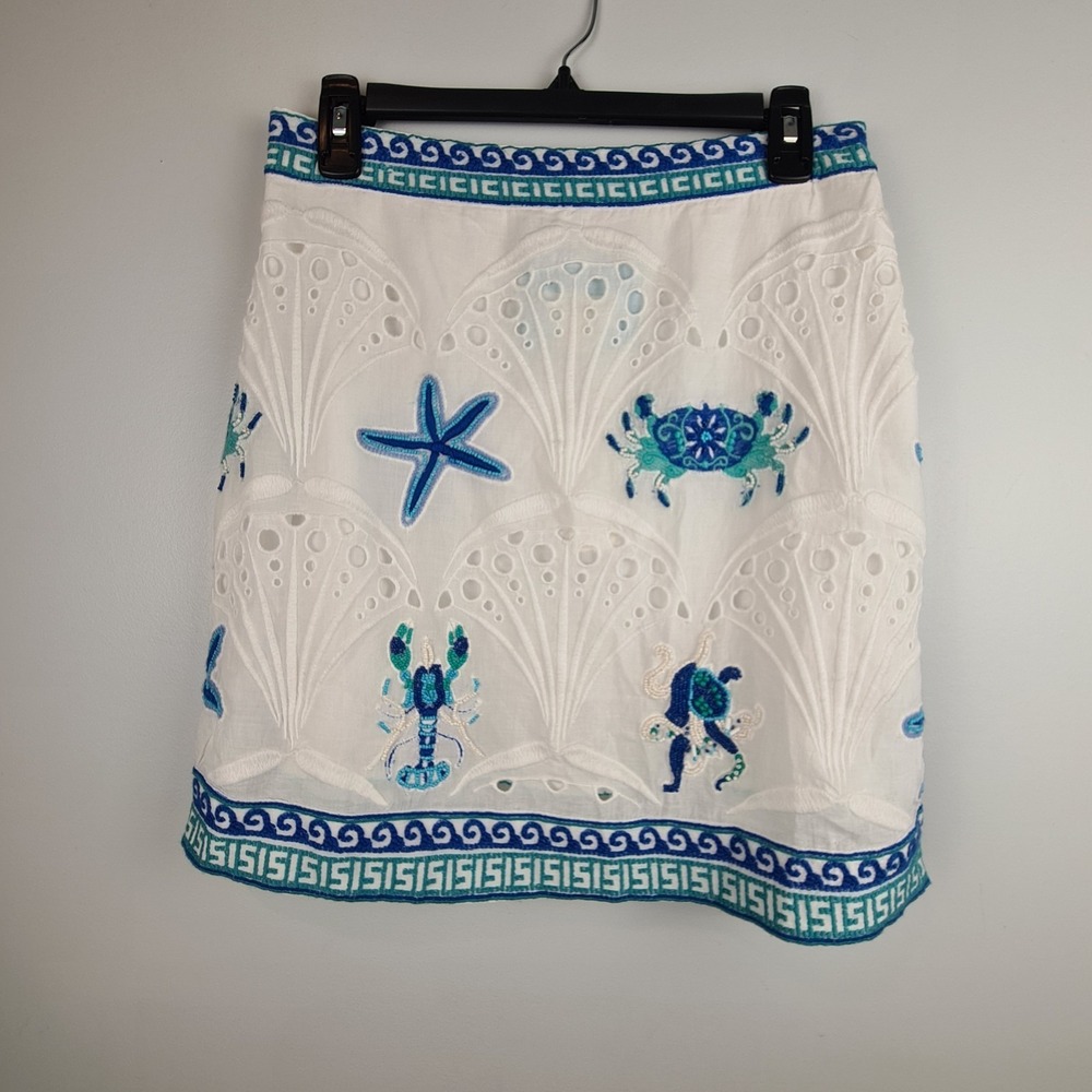 Maeve Anthropologie White Skirt 8 Ocean‎ Animal Nautical Embroidered Bead Eyelet
